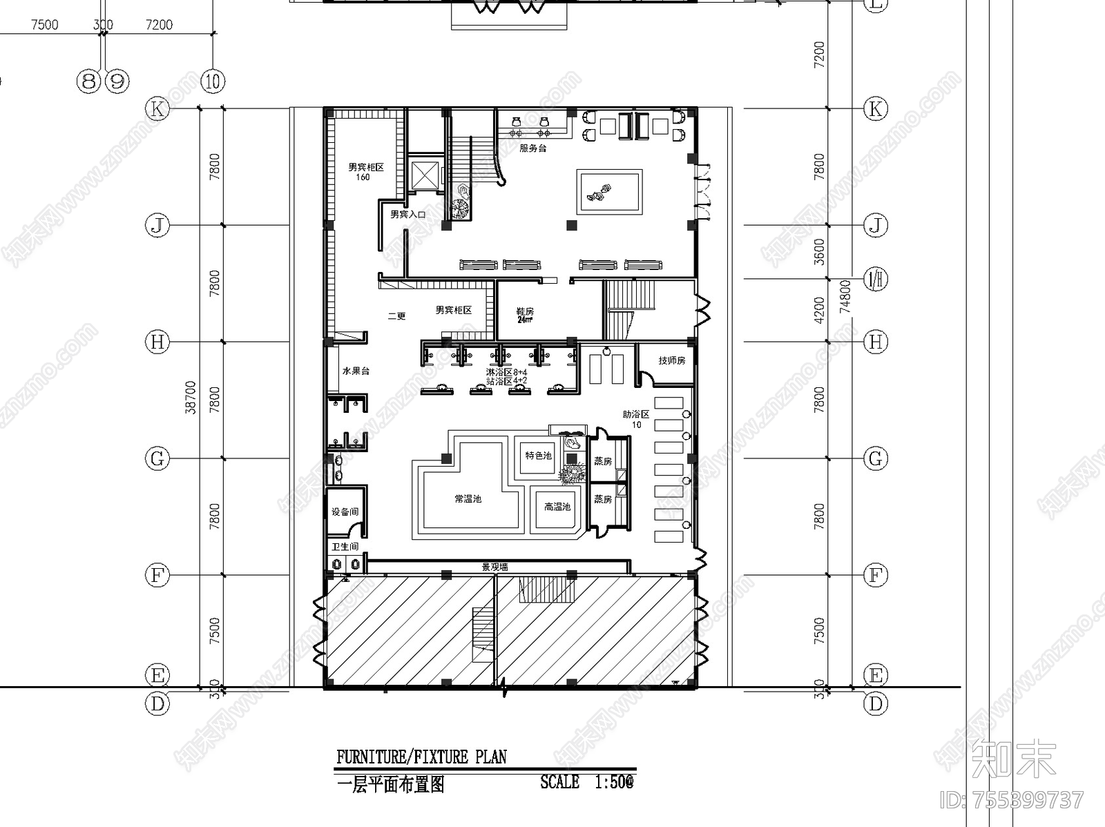 洗浴中心平面图施工图下载【ID:755399737】
