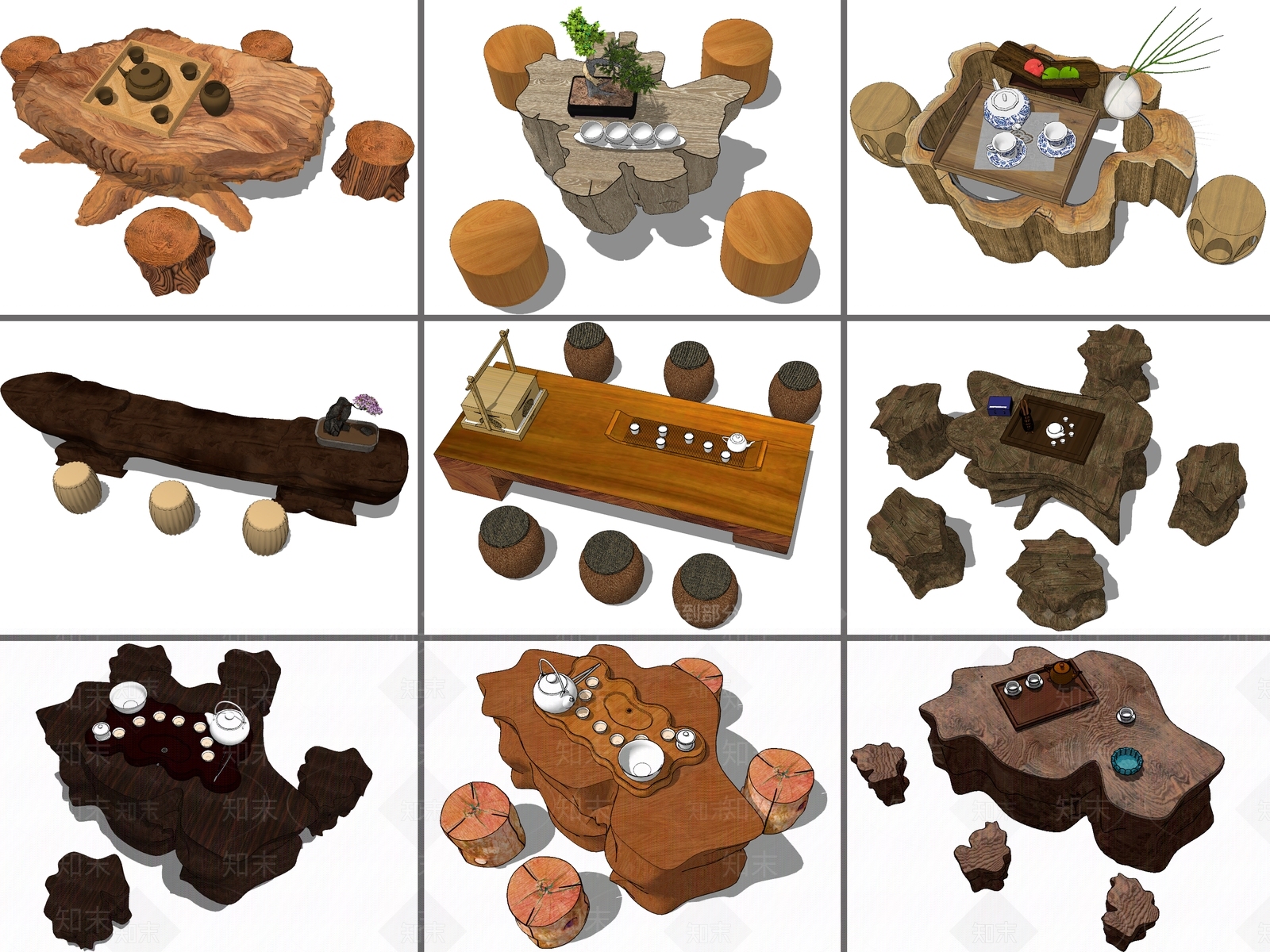 中式风格根雕茶几组合SU模型下载【ID:655401523】