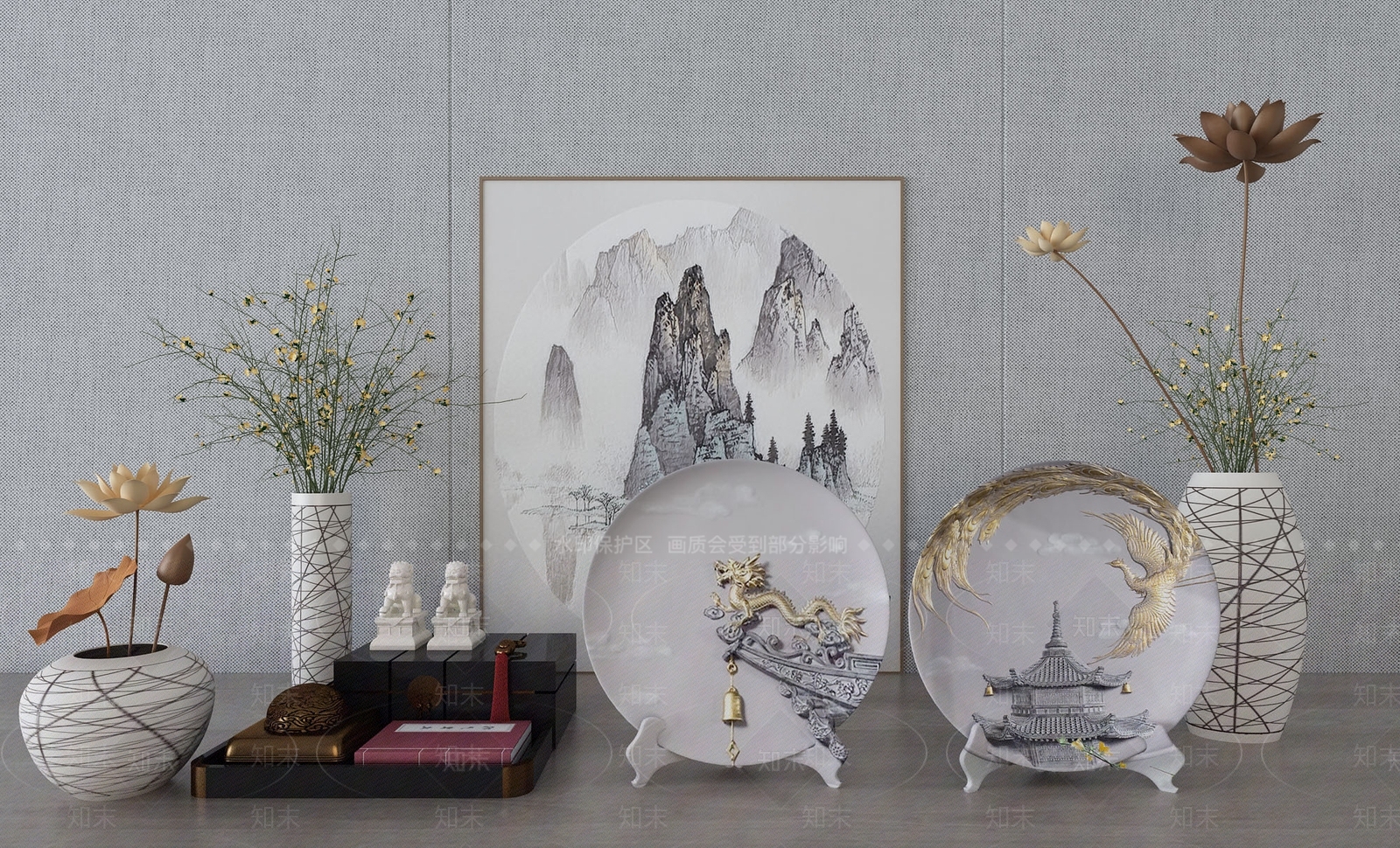 中式摆件组合3D模型下载【ID:655452543】