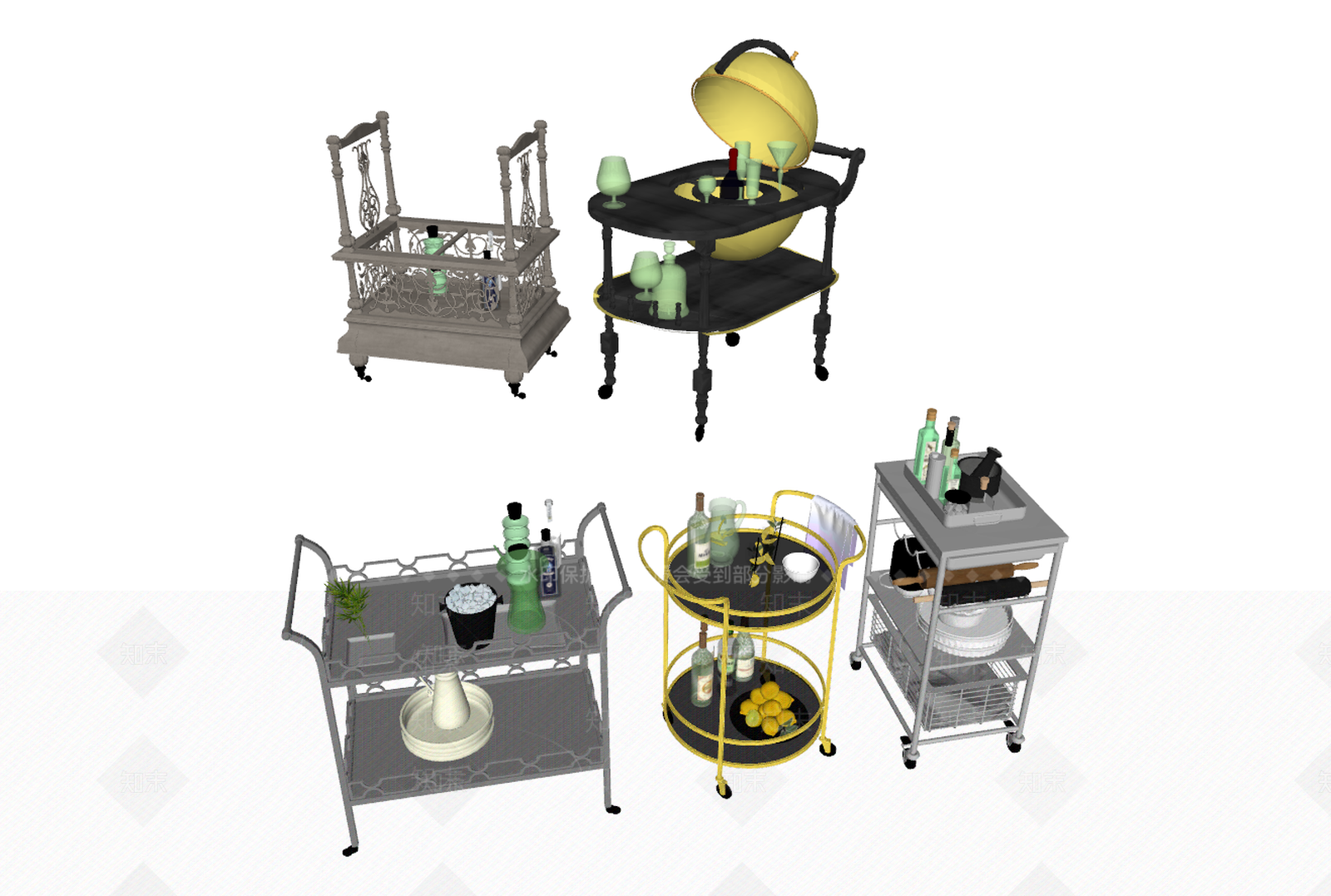 欧式酒水架备餐车SU模型下载【ID:855524877】