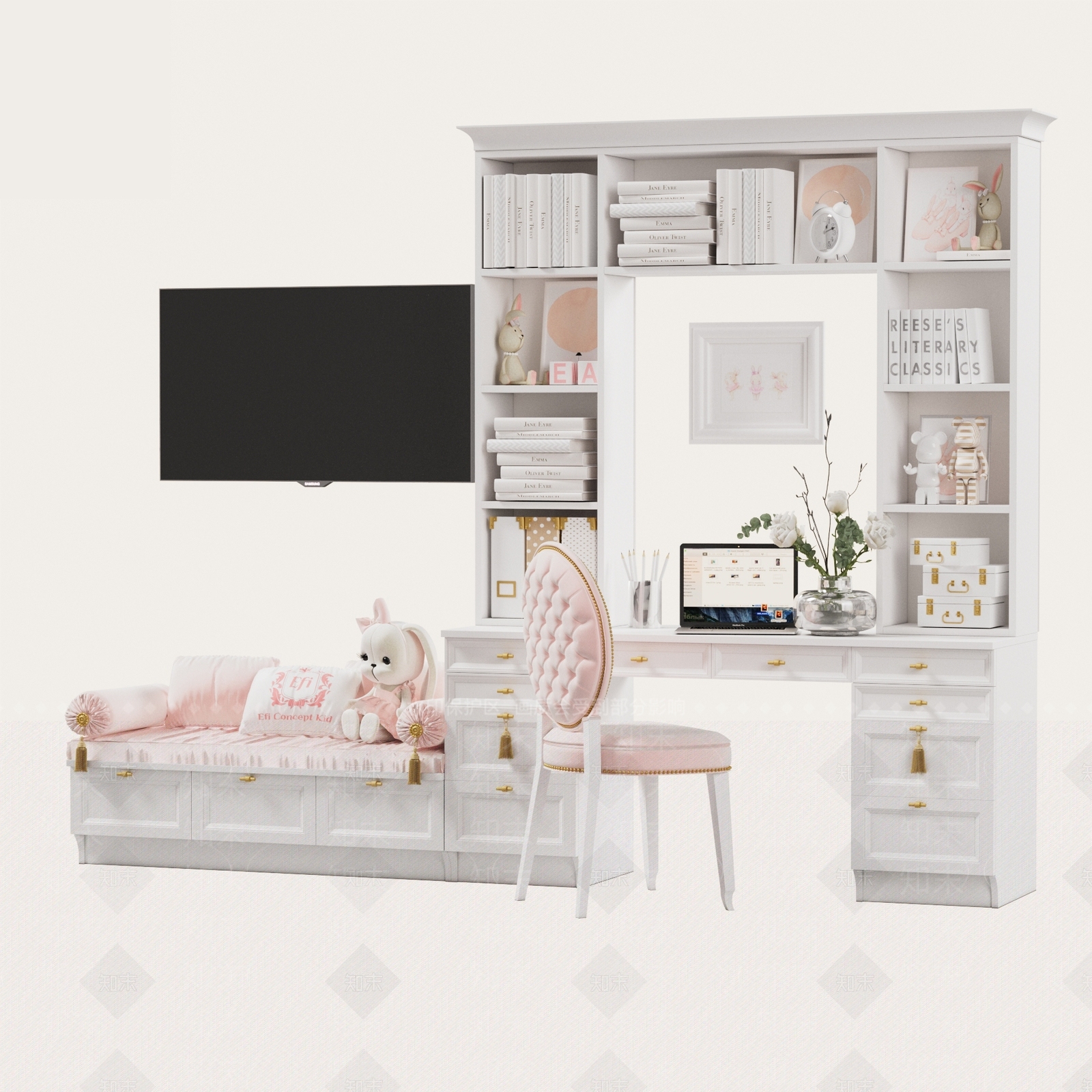简欧儿童书桌柜组合3D模型下载【ID:355775761】