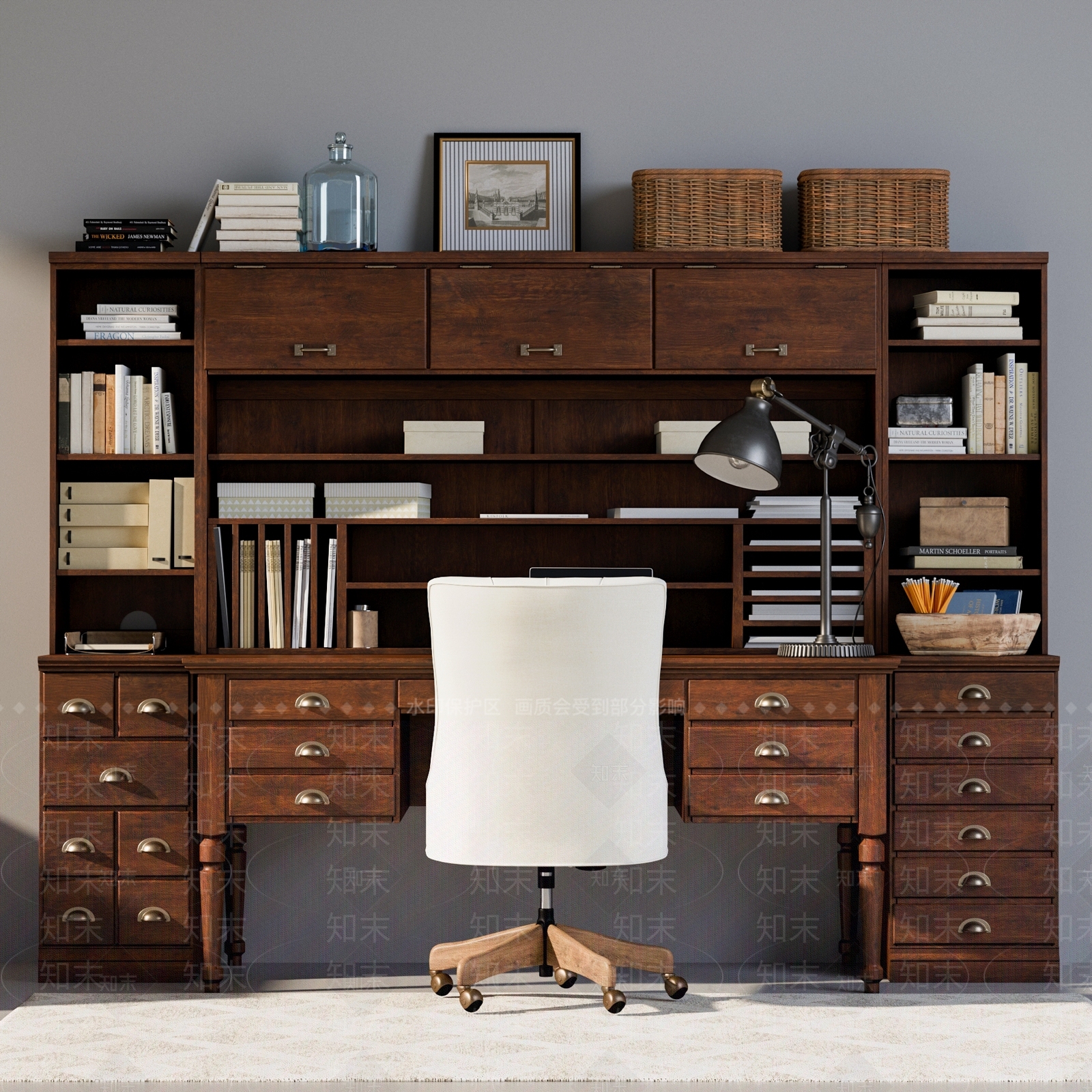 美式书桌书柜组合3D模型下载【ID:355726718】