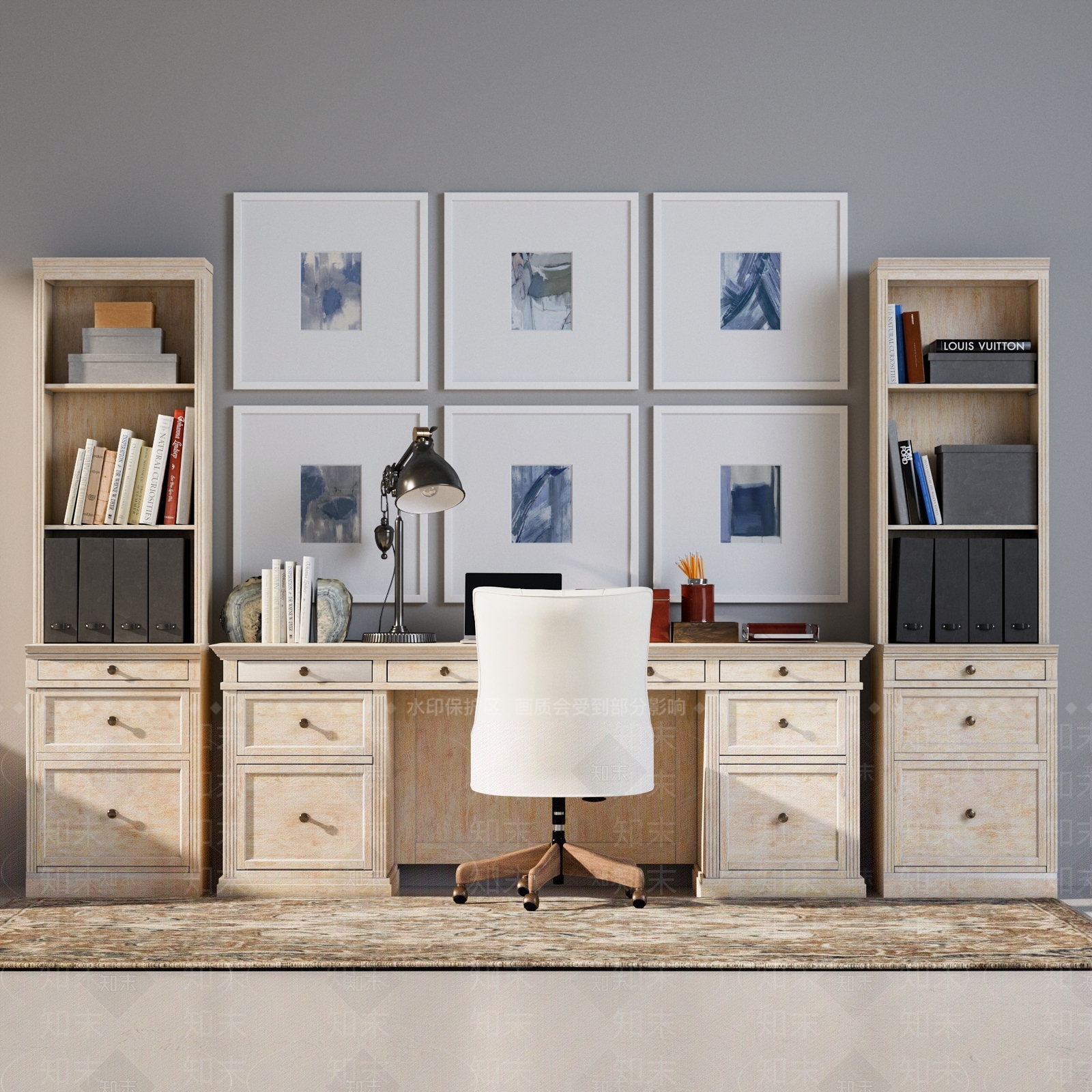 现代书桌书柜组合3D模型下载【ID:355726719】