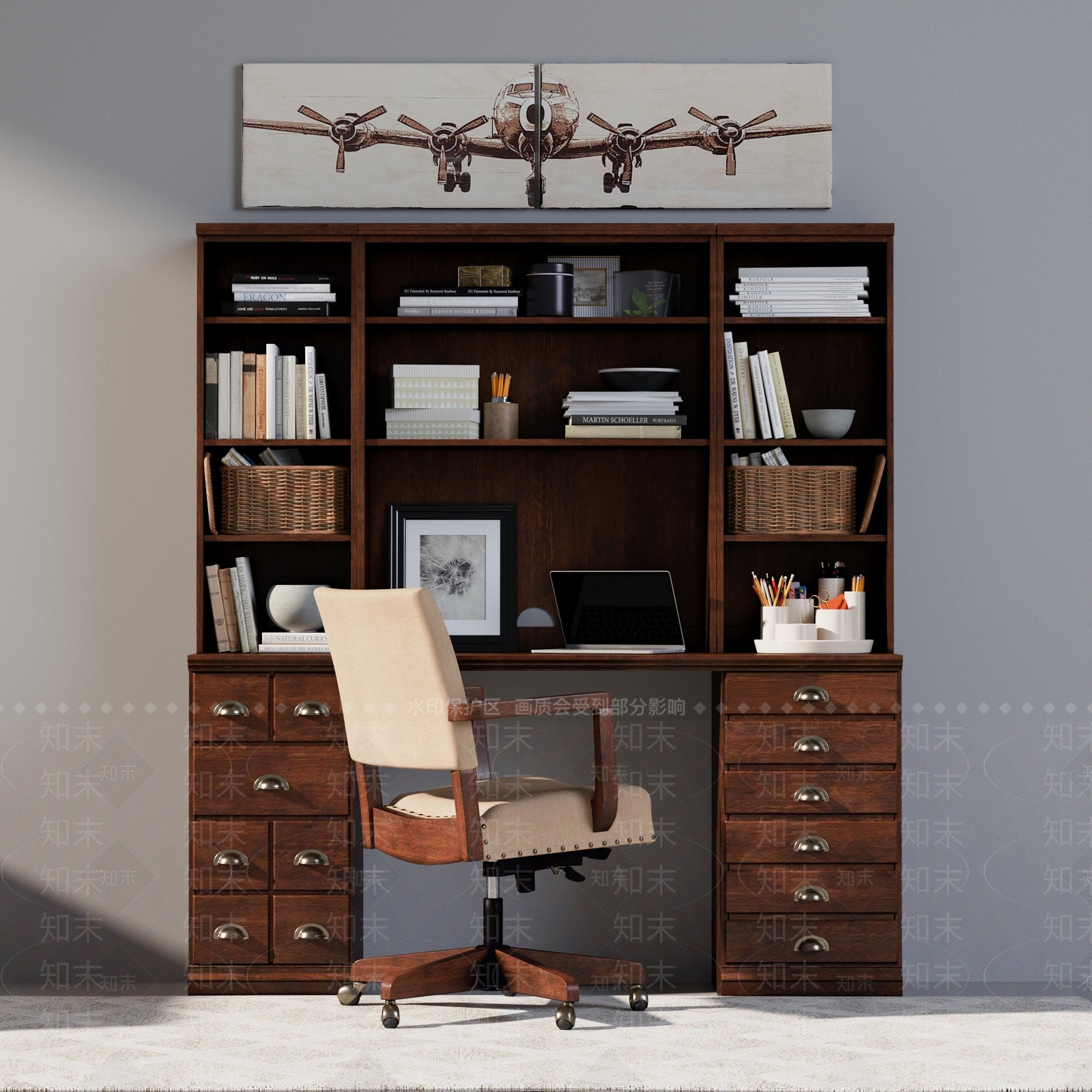 美式书桌书柜组合3D模型下载【ID:355726732】