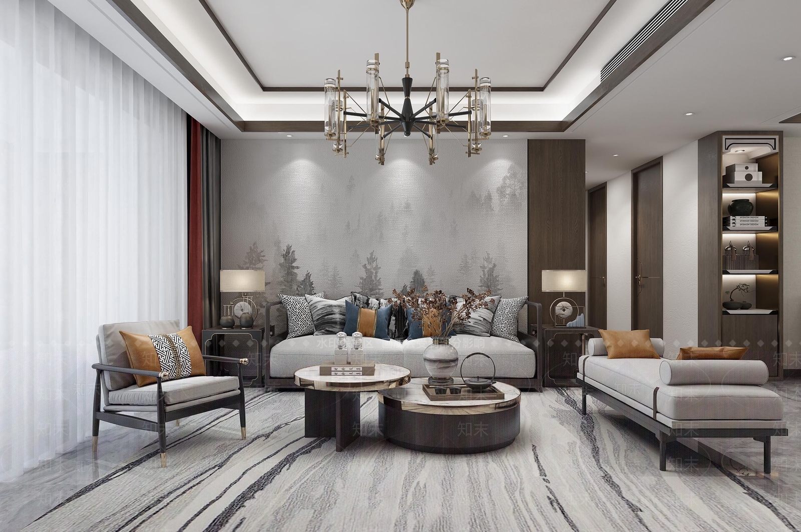 新中式客厅组合沙发茶几3D模型下载【ID:355759357】