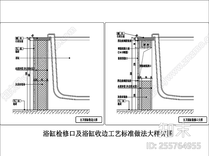 浴缸检修口及浴缸收边工艺标准做法大样详图施工图下载【ID:255764955】