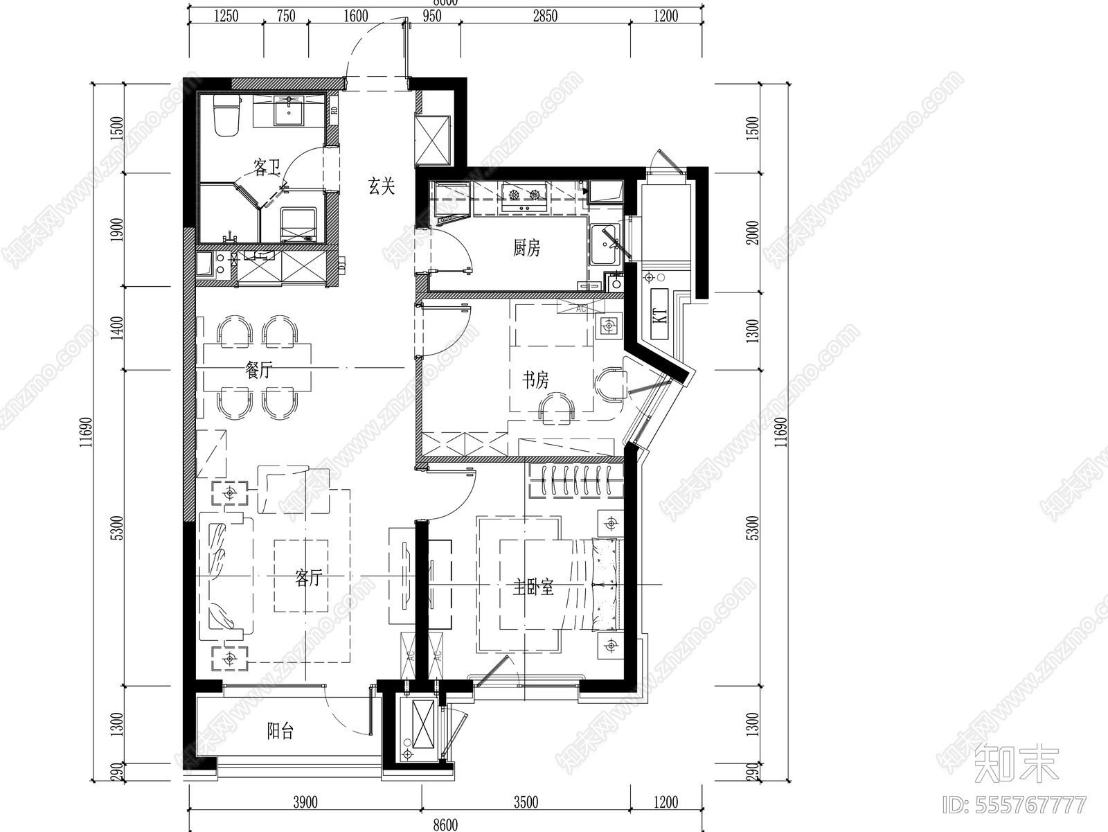 70㎡二室二厅刚需户型平面方案及全套平面布置图施工图下载【ID:555767777】