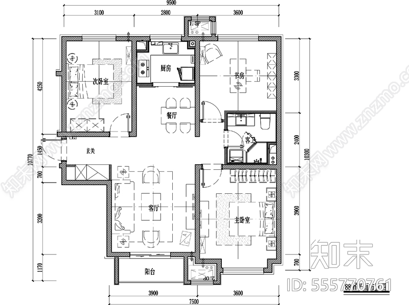 88㎡三室二厅刚需户型平面方案及全套平面布置图施工图下载【ID:555770761】
