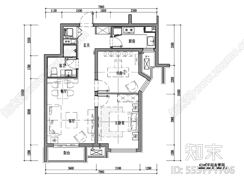63㎡二室二厅刚需户型平面方案及全套平面布置图施工图下载【ID:555771706】