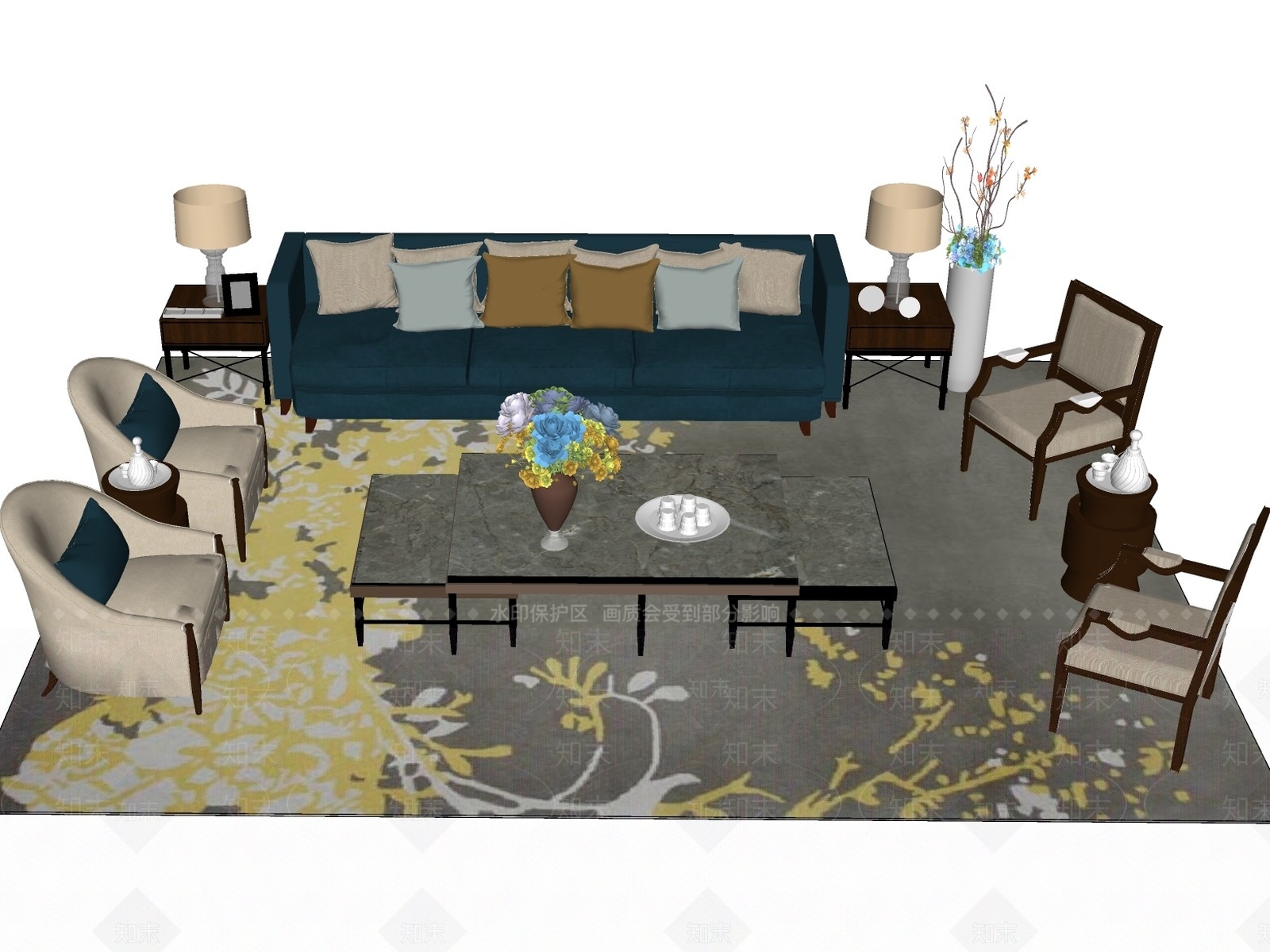 新中式风格沙发茶几组合SU模型下载【ID:755773630】