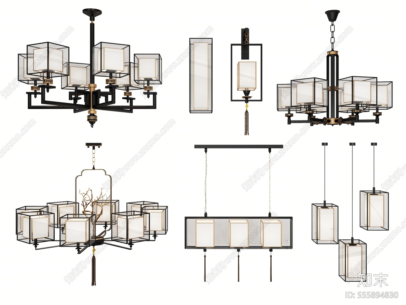 新中式吊灯壁灯组合3D模型下载【ID:555894830】