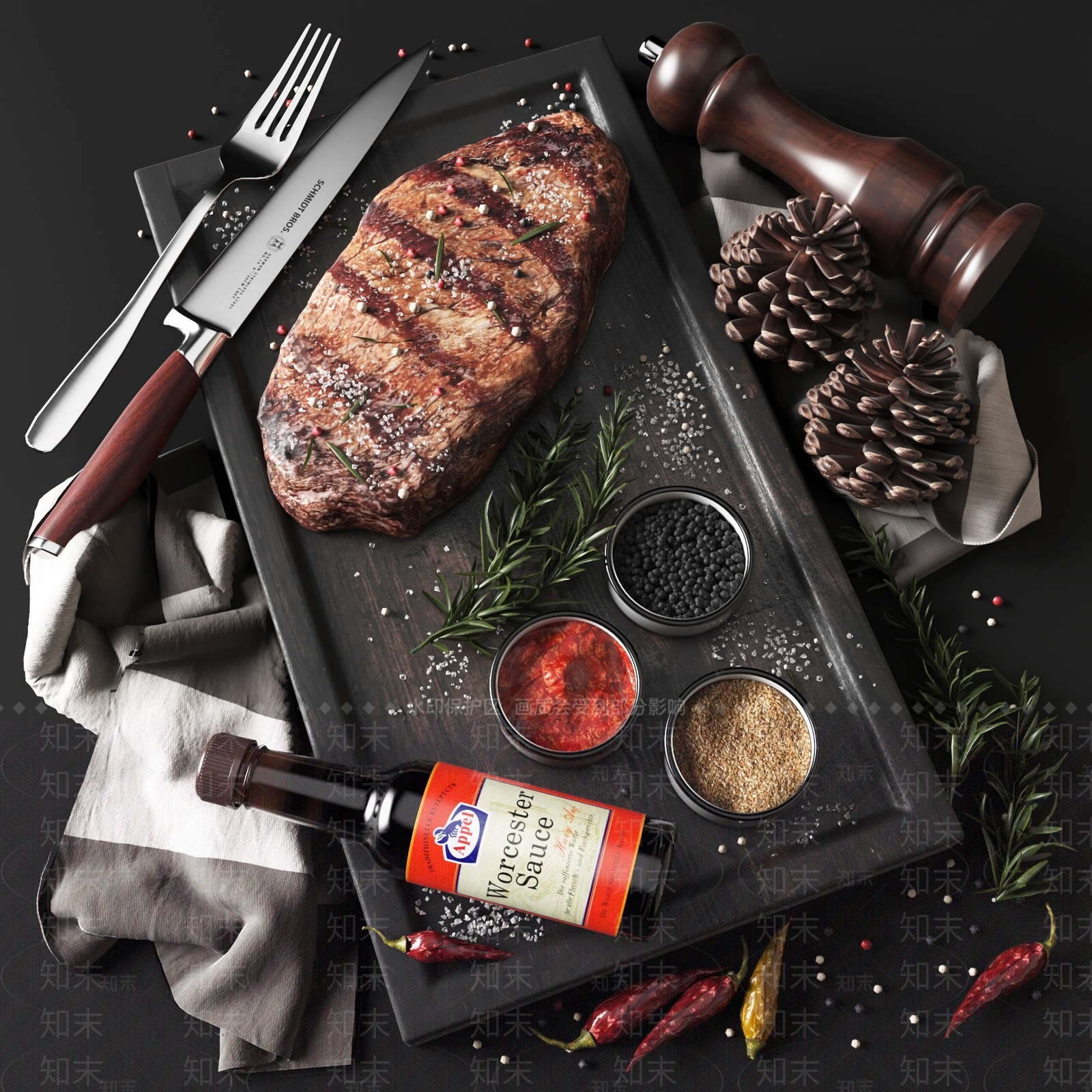 现代西餐牛排红酒刀叉组合3D模型下载【ID:156001475】