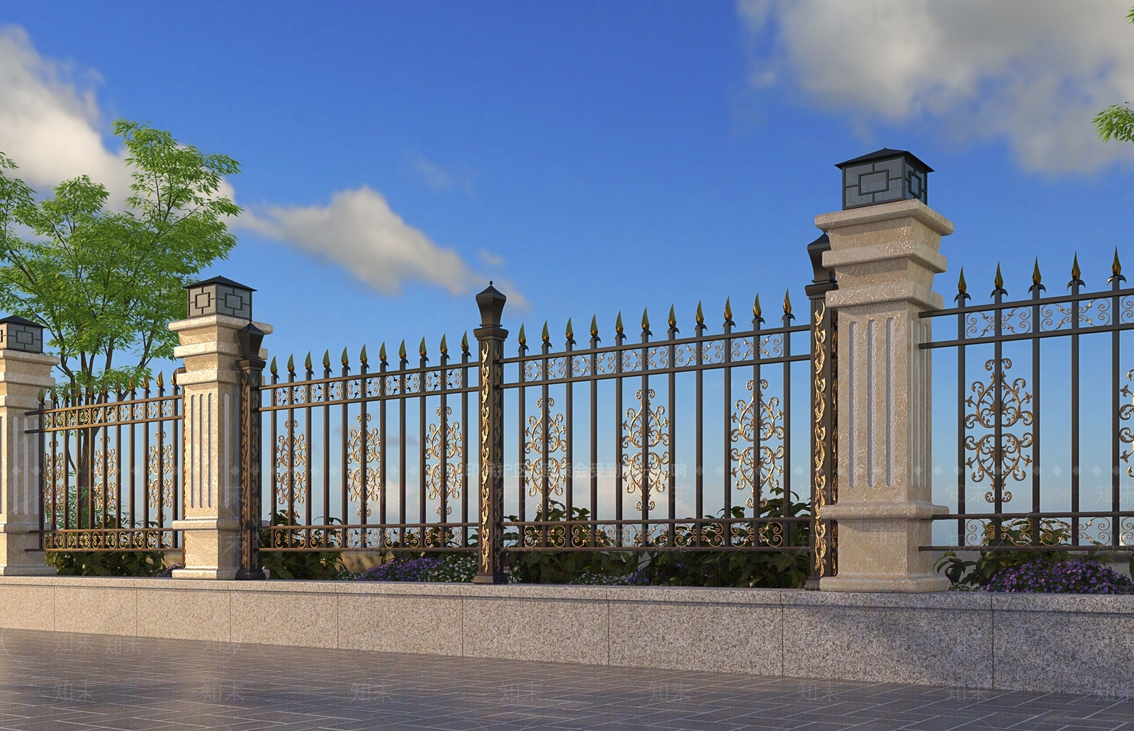 简欧铁艺围墙3D模型下载【ID:956107194】