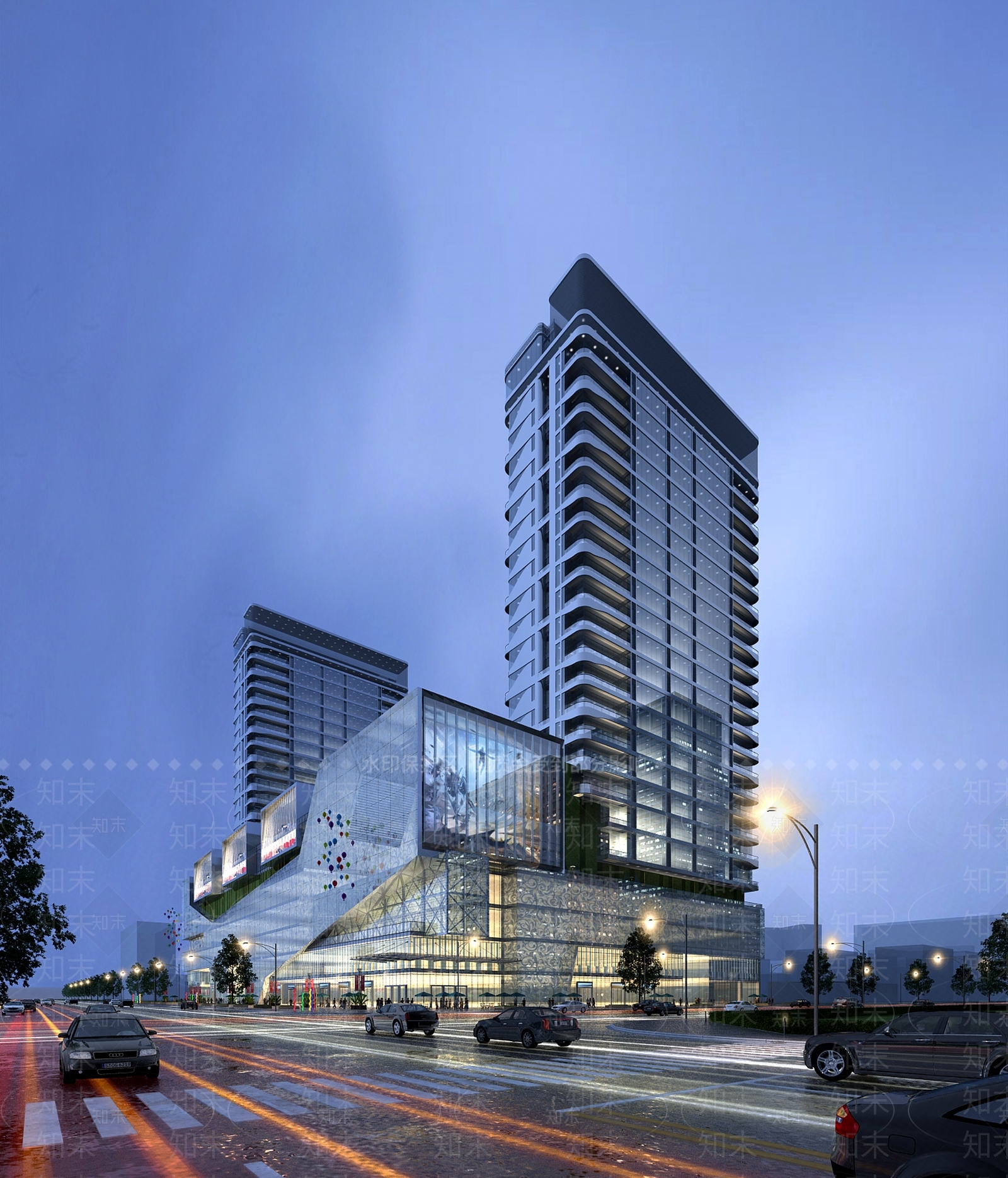 现代城市街道夜景3D模型下载【ID:556111482】