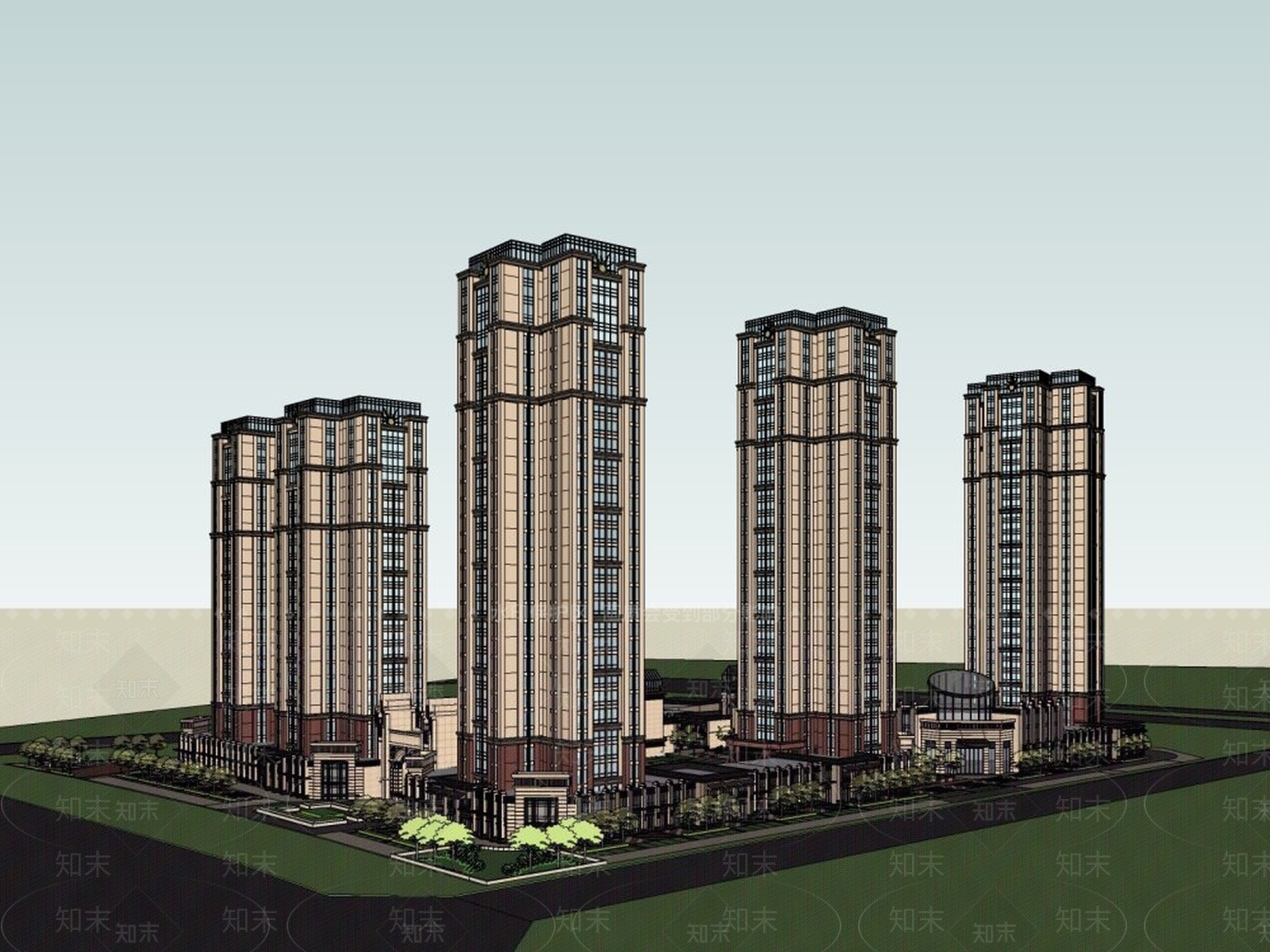古典风格高层住宅SU模型下载【ID:256186796】