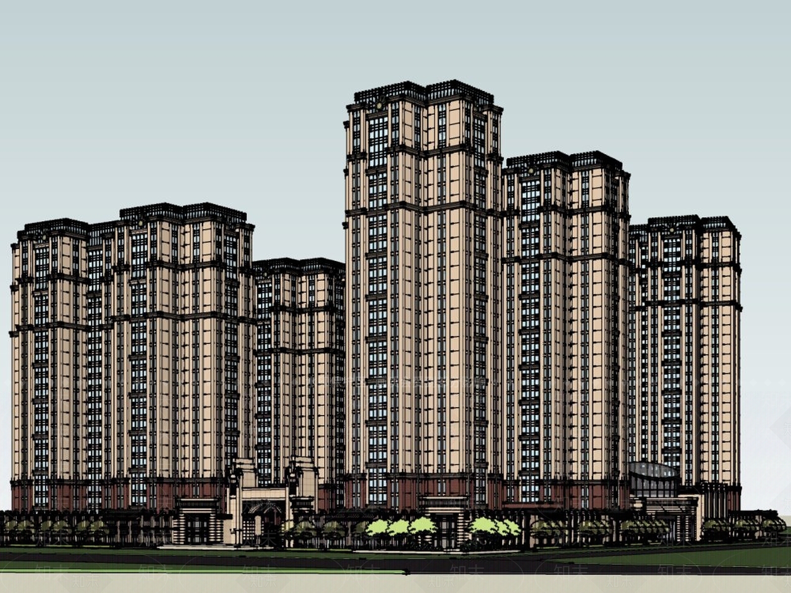 古典风格高层住宅SU模型下载【ID:256186796】