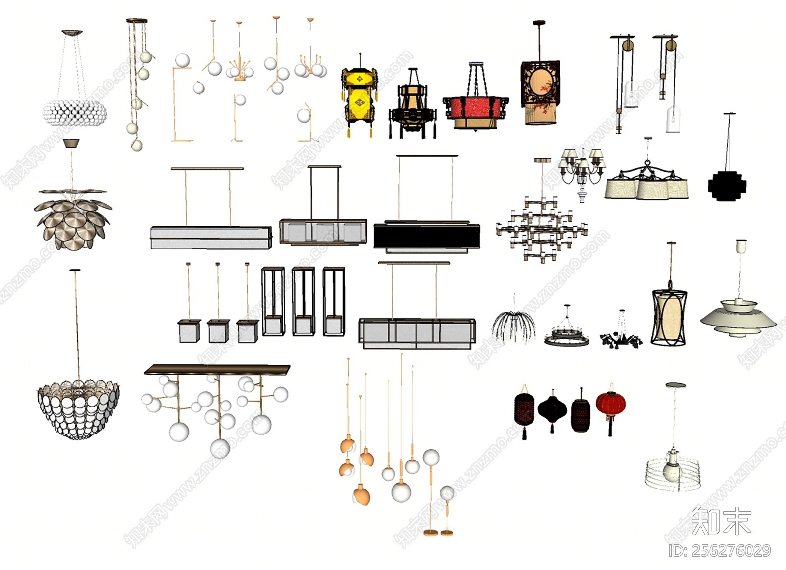 新中式风格灯具组合SU模型下载【ID:256276029】