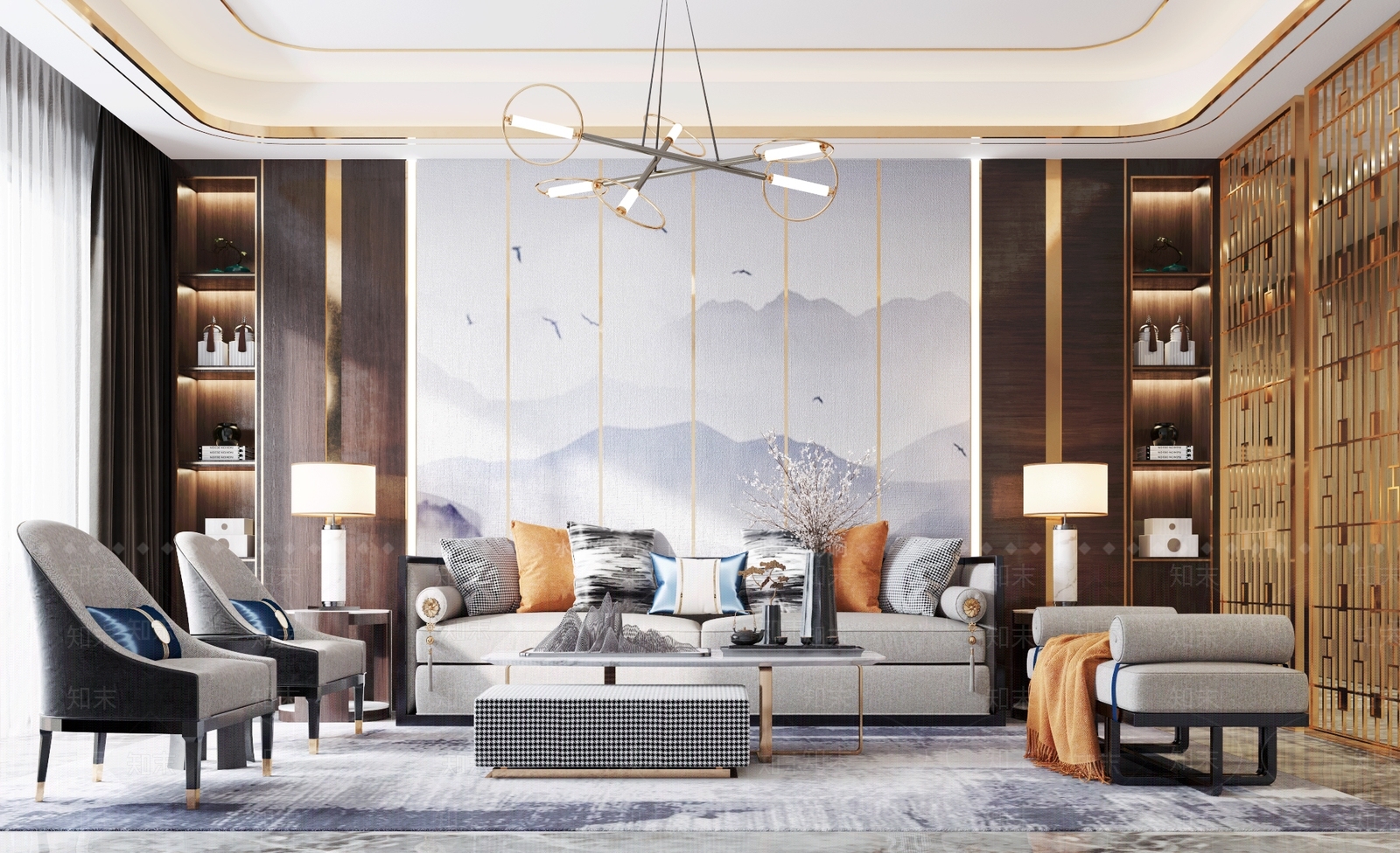 新中式沙发茶几组合3D模型下载【ID:756308753】