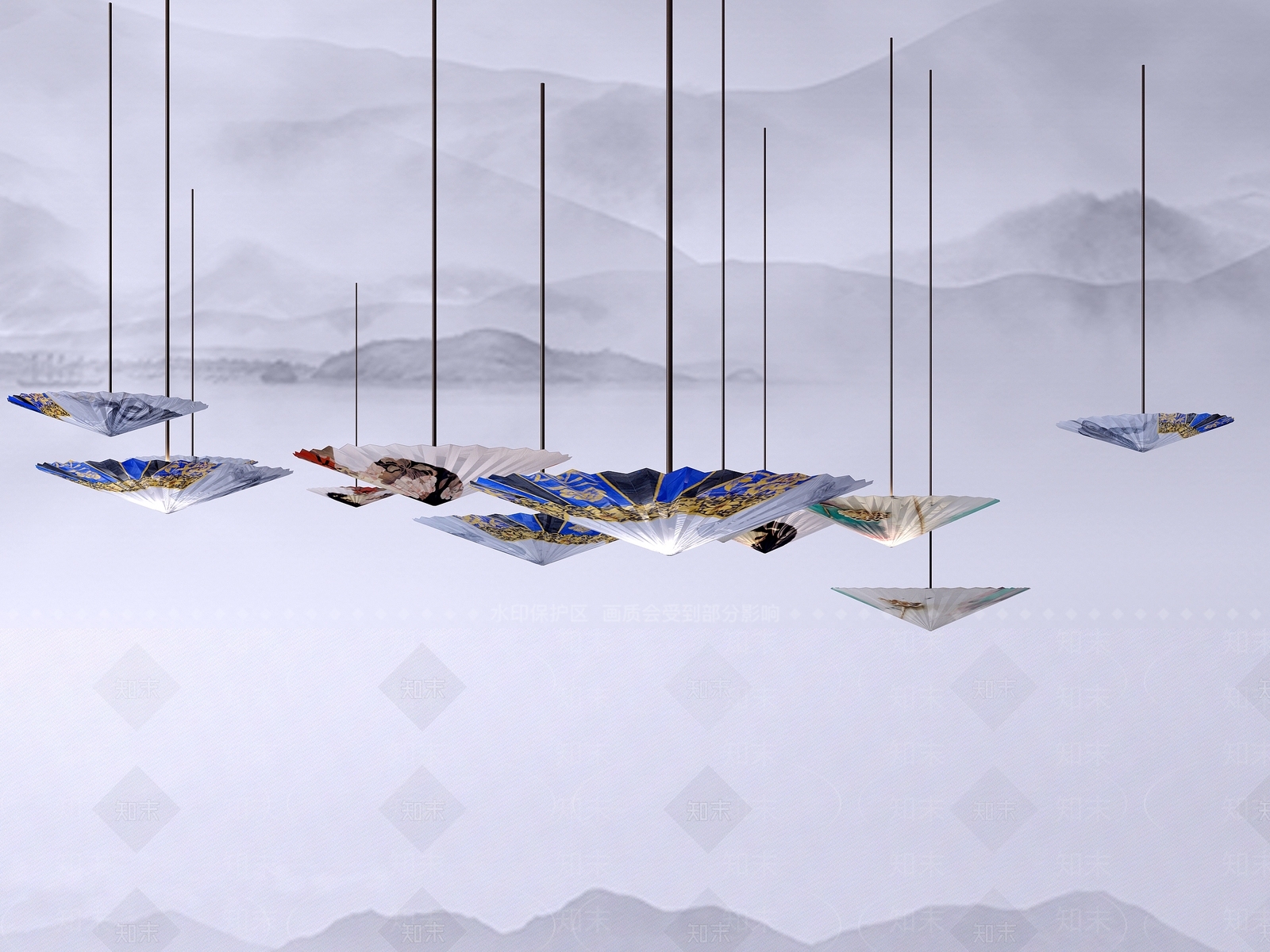 新中式雨伞艺术吊灯3D模型下载【ID:556425859】