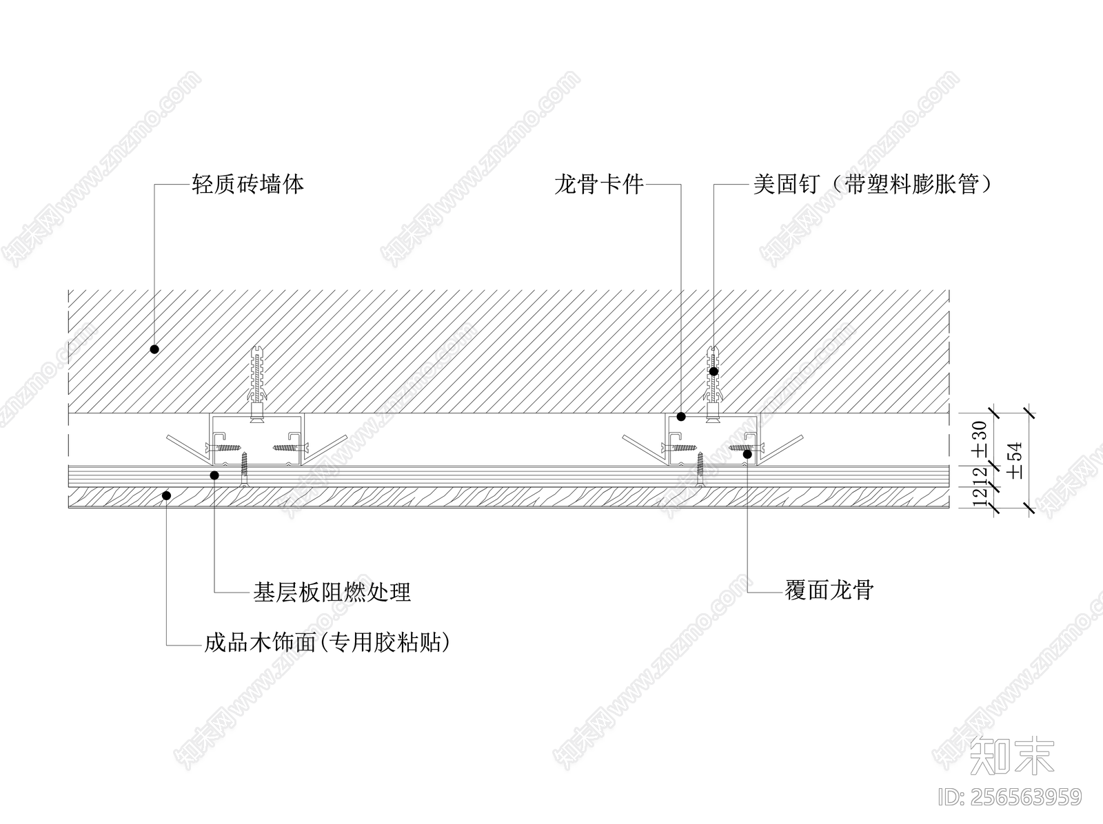 木饰面粘贴墙面节点图施工图下载【ID:256563959】