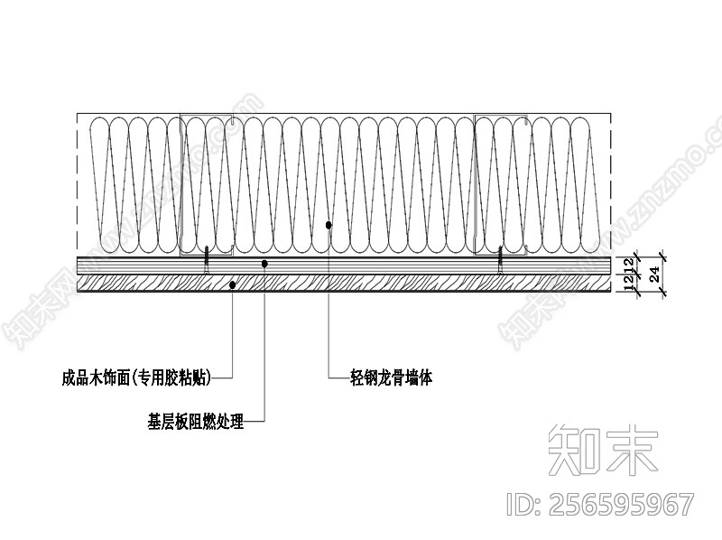 木饰面粘贴墙面节点图cad施工图下载【ID:256595967】