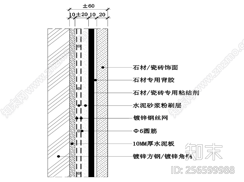 瓷砖石材湿贴墙面节点图cad施工图下载【ID:256599988】