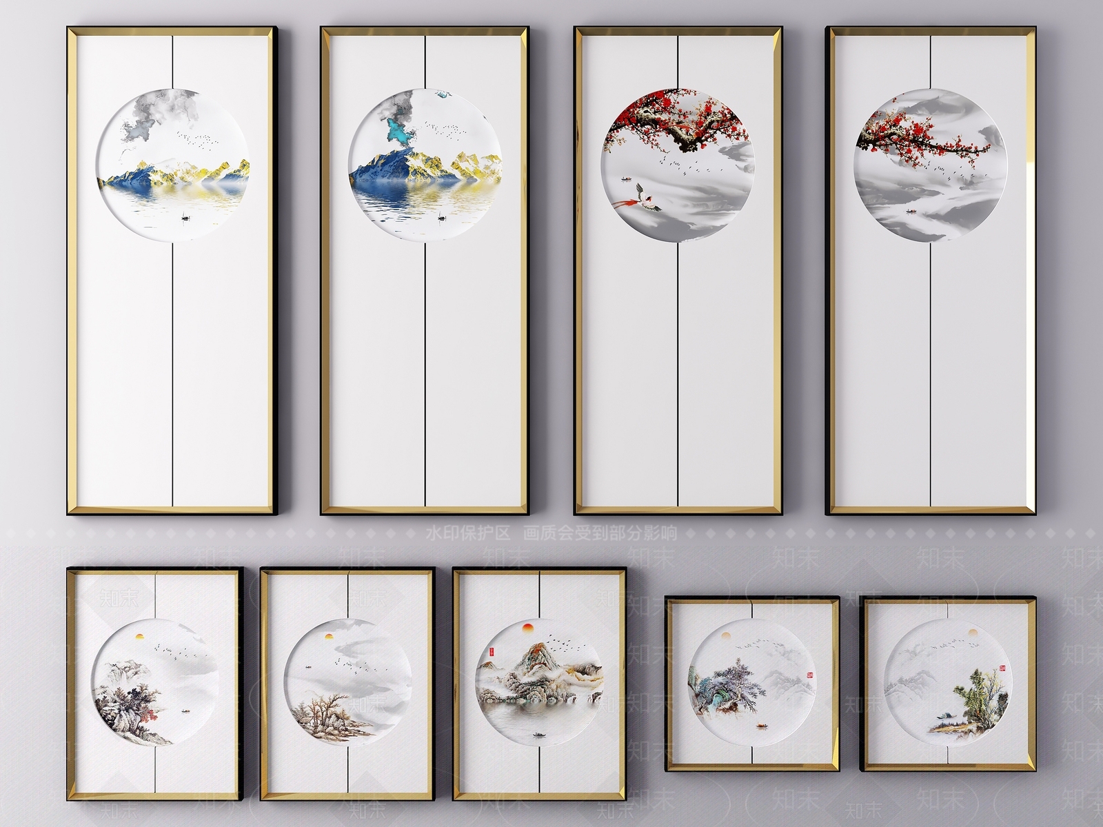 新中式国画山水风景装饰挂画3D模型下载【ID:156621002】