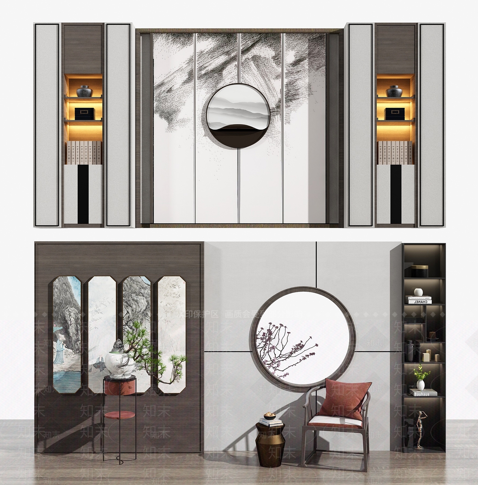 新中式背景墙饰品组合3D模型下载【ID:256627381】