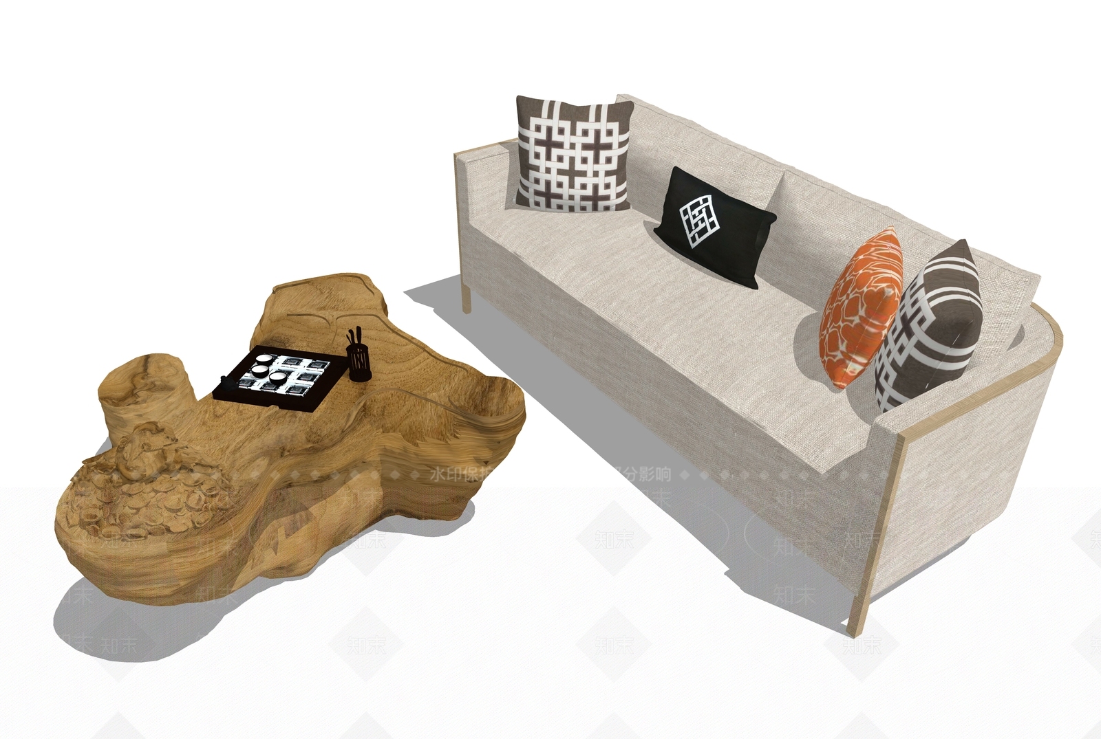 新中式风格根雕茶几SU模型下载【ID:656832573】