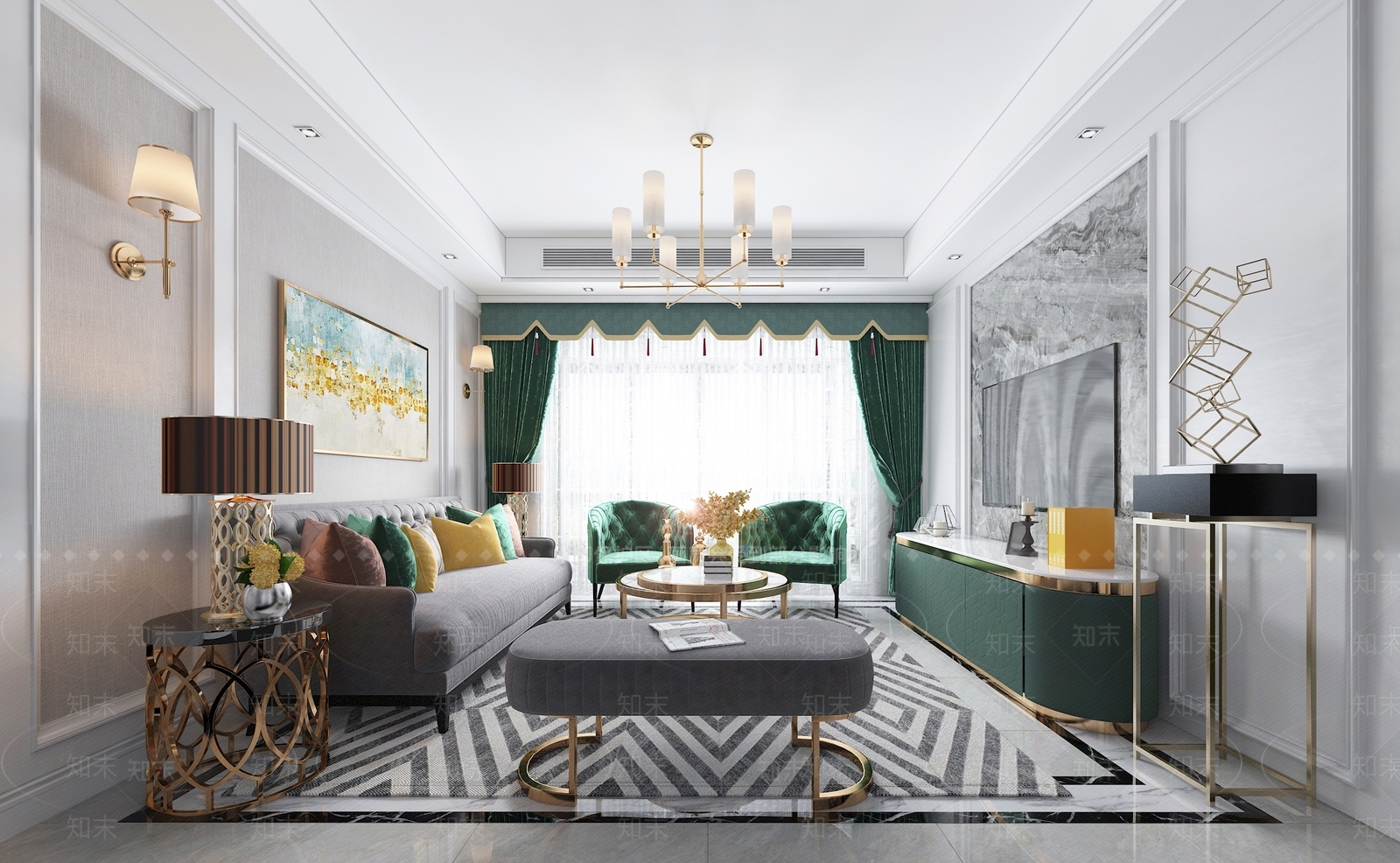 美式风格客餐厅3D模型下载【ID:757001780】