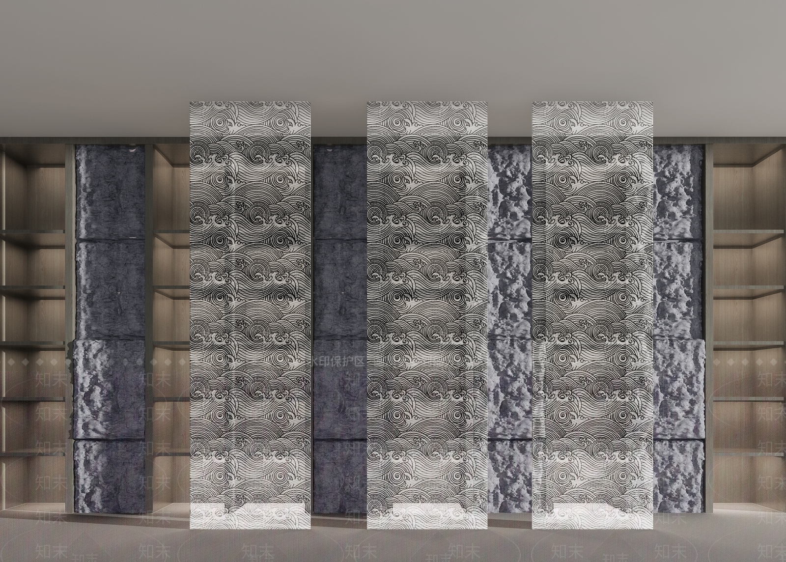 中式祥云云纹玻璃隔断3D模型下载【ID:957016326】