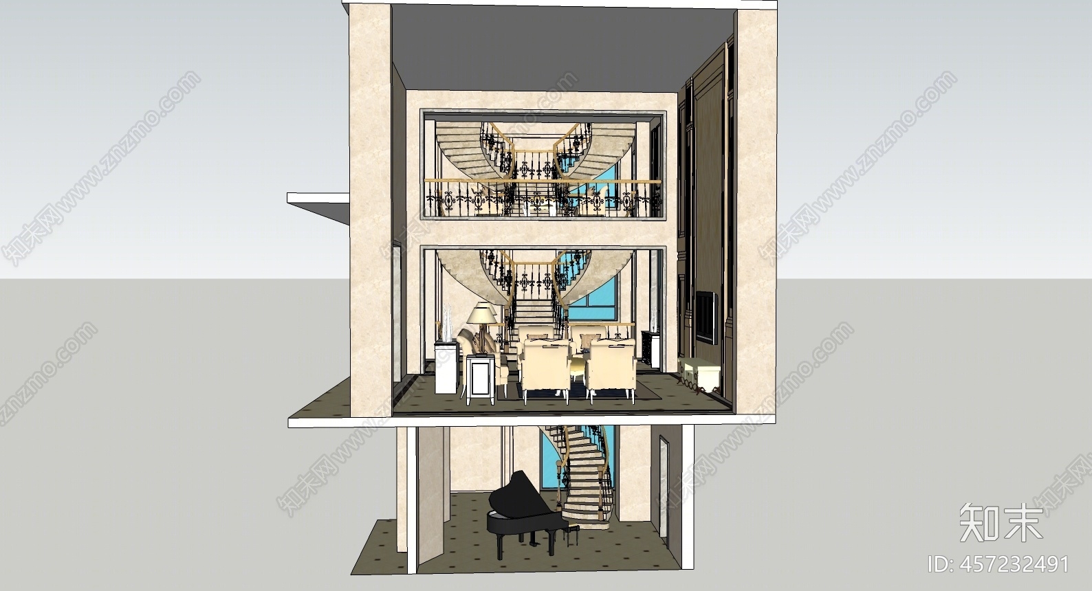 欧式风格旋转楼梯间SU模型下载【ID:457232491】