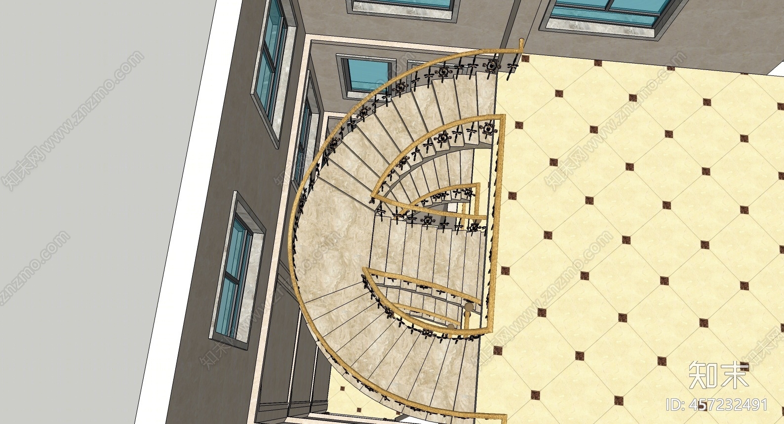 欧式风格旋转楼梯间SU模型下载【ID:457232491】
