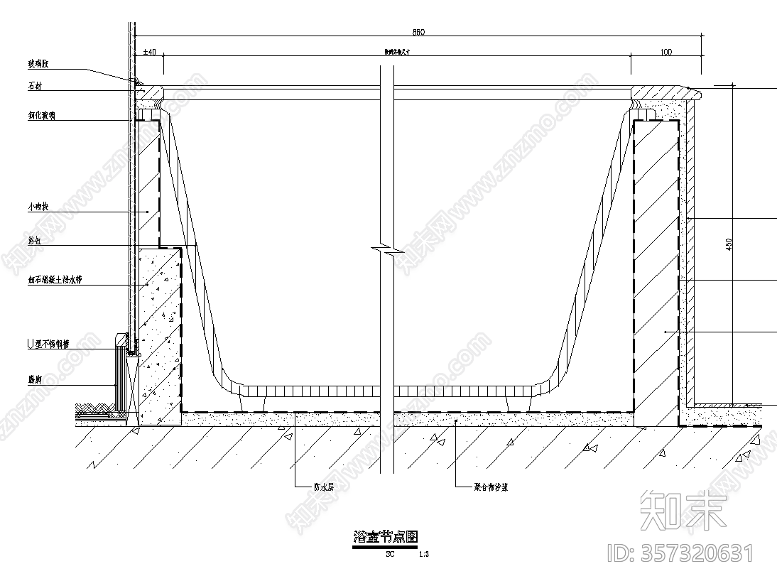 中式靠玻璃隔墙浴缸大样施工图下载【ID:357320631】