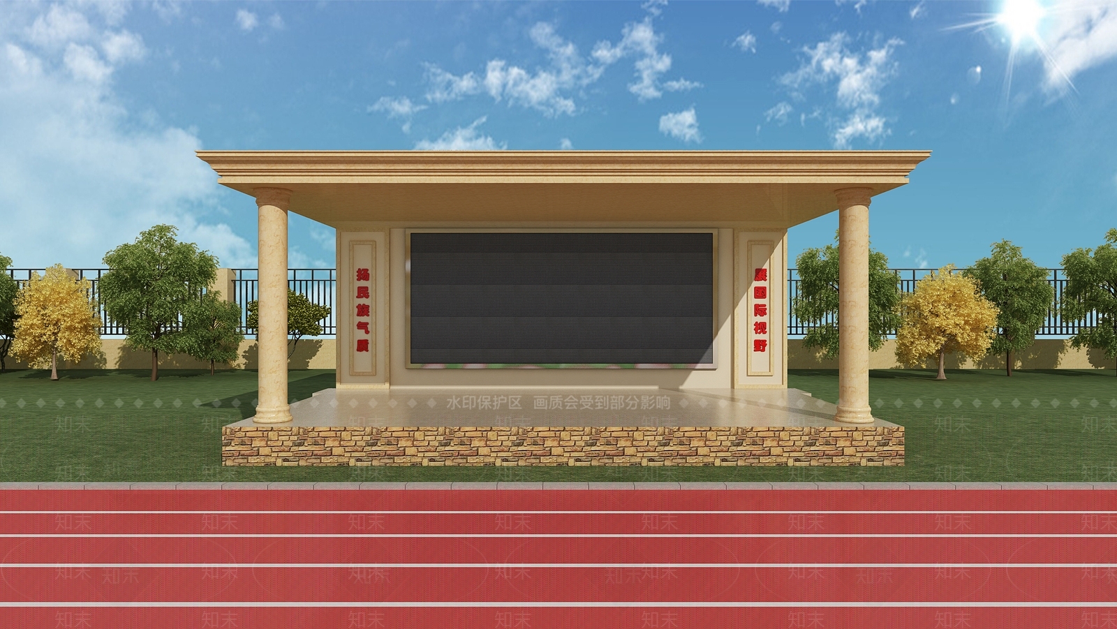 简欧风格学校户外操场体育场看台3D模型下载【ID:257331635】