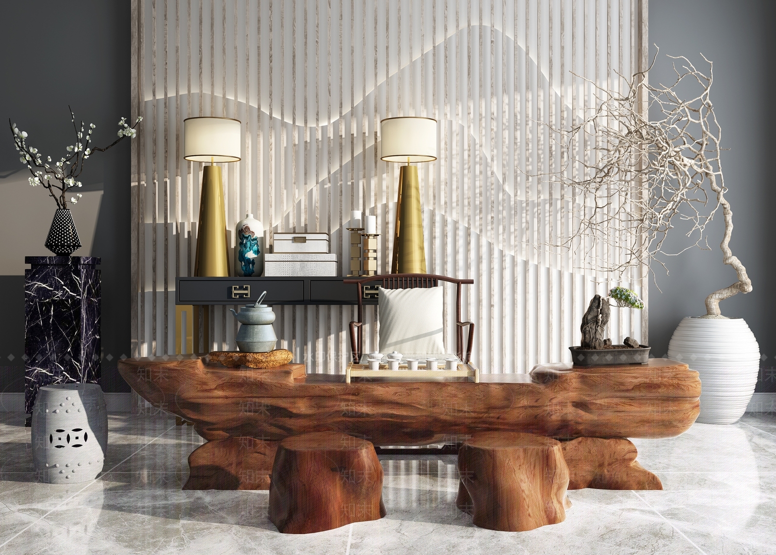 新中式根雕茶台3D模型下载【ID:157893778】