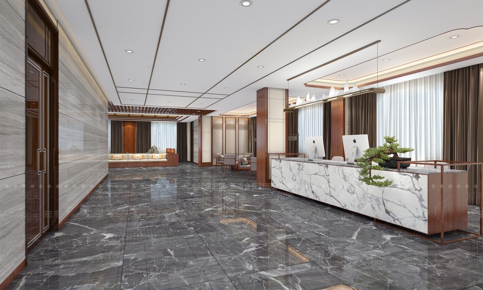 新中式公共大厅3D模型下载【ID:257932824】