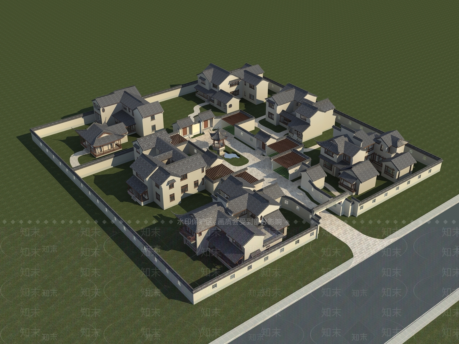 中式白墙灰瓦古建筑3D模型下载【ID:258011828】