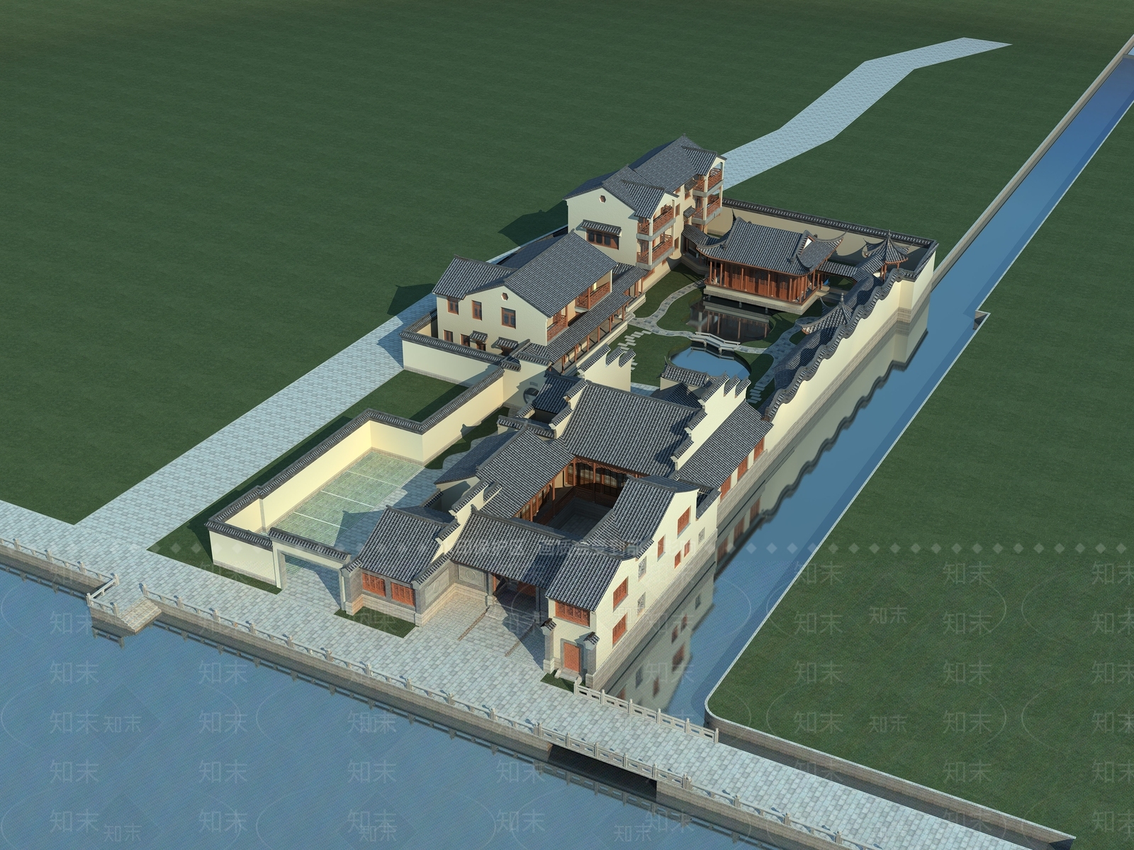 中式白墙灰瓦古建筑3D模型下载【ID:258012839】