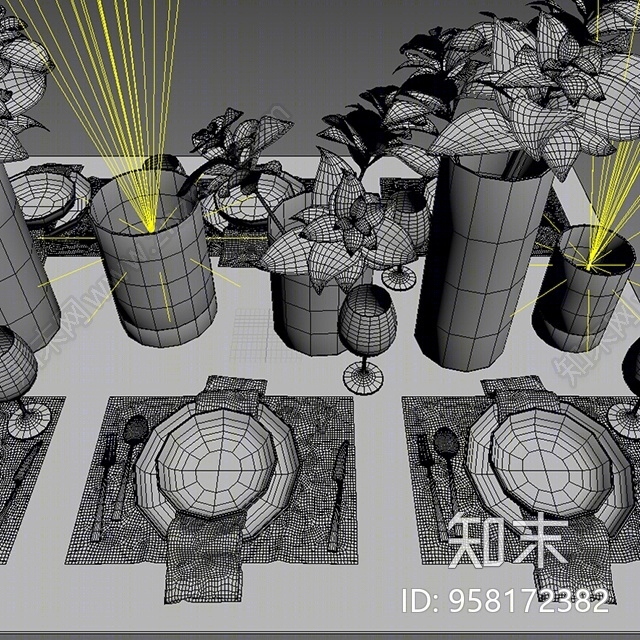 现代花瓶餐具组合3D模型下载【ID:958172382】