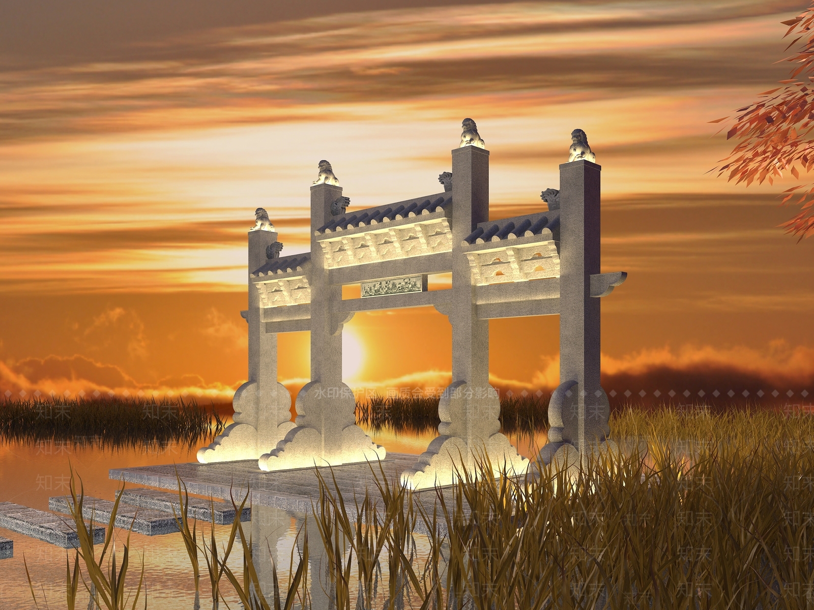 中式古建牌坊3D模型下载【ID:558178793】