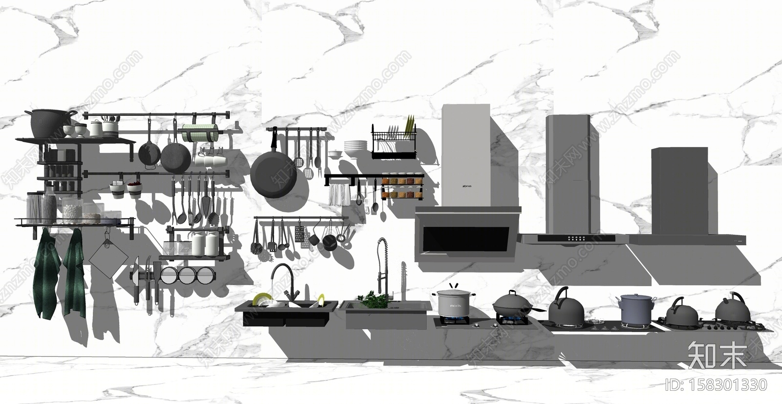 现代风格厨房用品组合SU模型下载【ID:158301330】