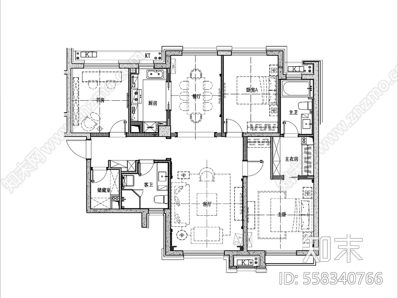 114㎡三室二厅刚需户型样板间全套精装施工图施工图下载【ID:558340766】