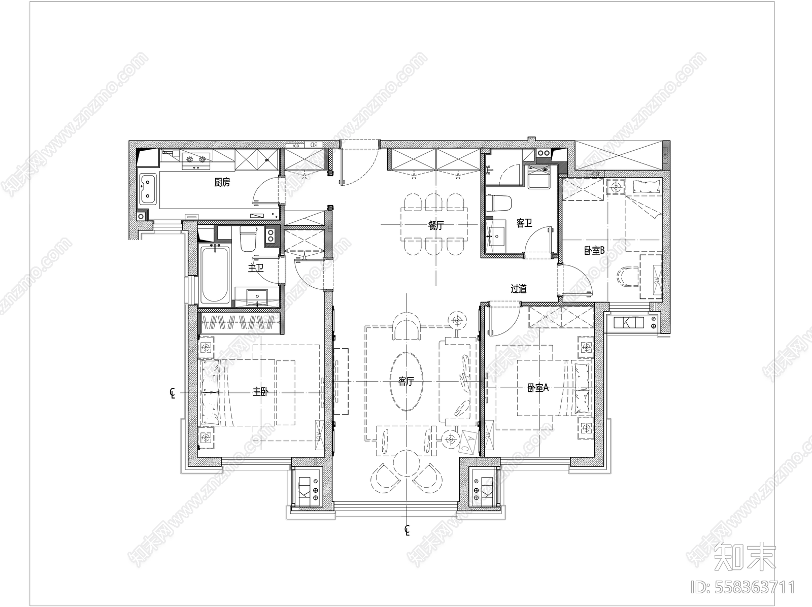 107㎡三室二厅刚需户型样板间全套精装施工图施工图下载【ID:558363711】