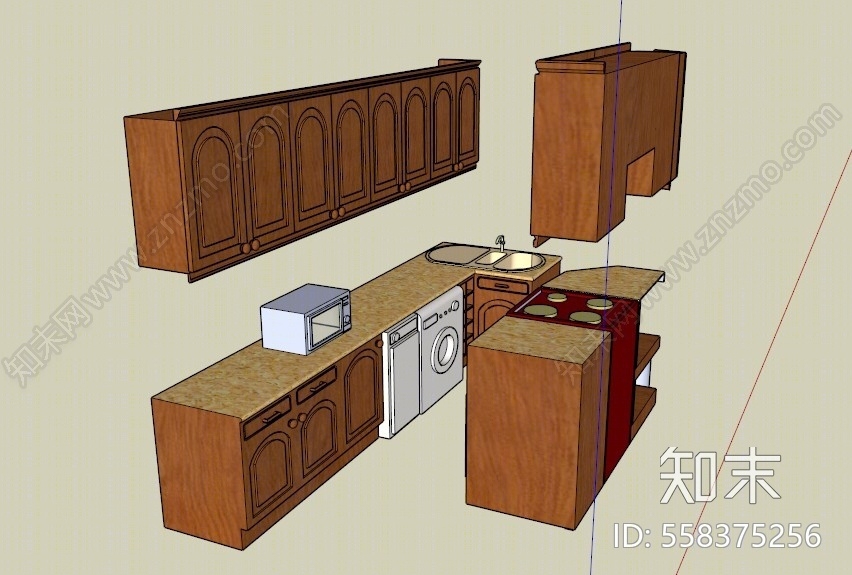 美式风格厨房橱柜组合SU模型下载【ID:558375256】