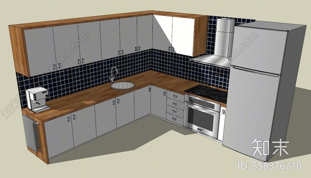 现代风格厨房橱柜组合SU模型下载【ID:558376210】