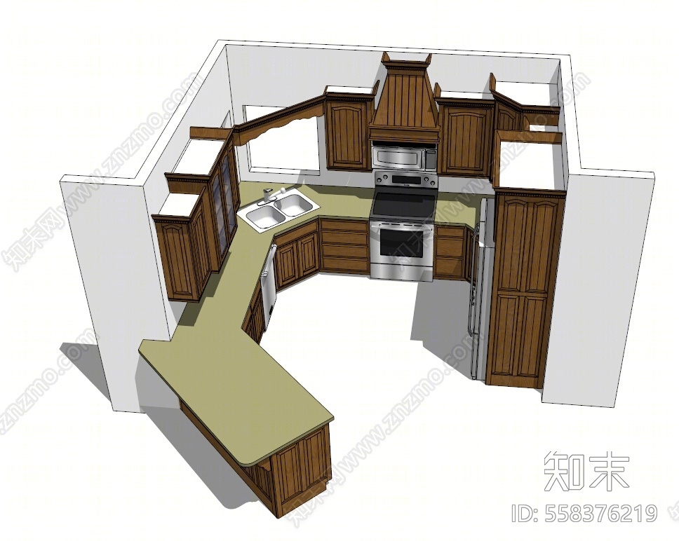美式风格厨房橱柜组合SU模型下载【ID:558376219】