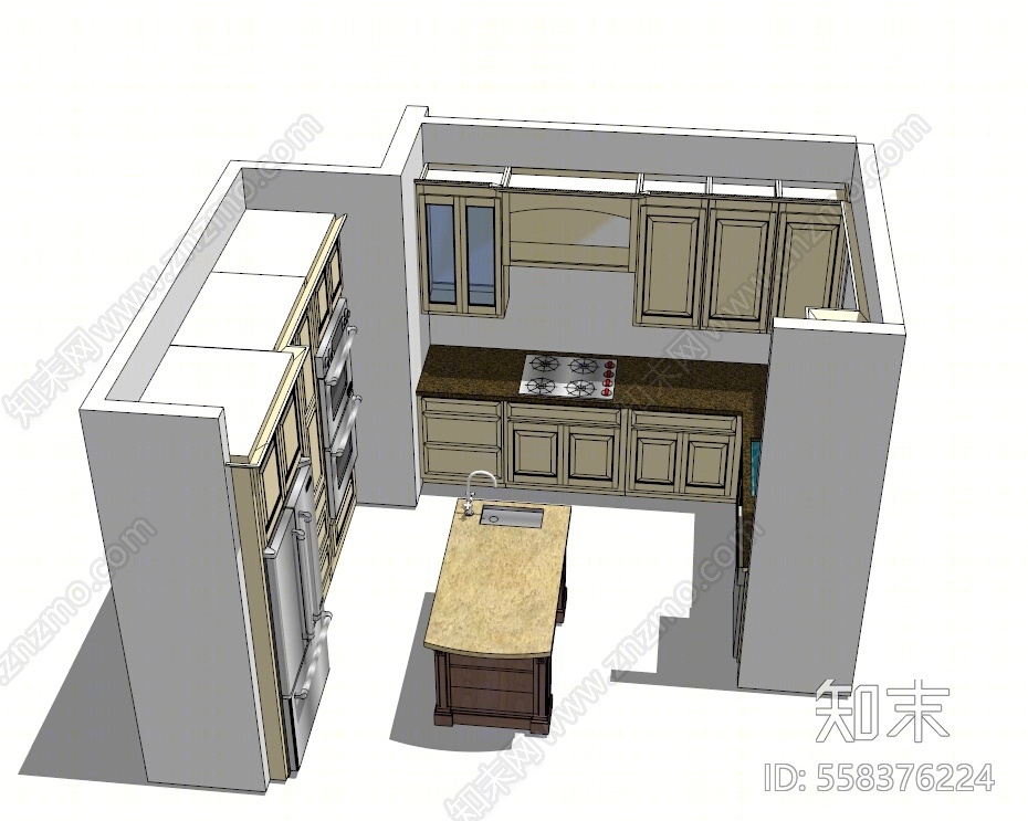 美式风格厨房橱柜组合SU模型下载【ID:558376224】