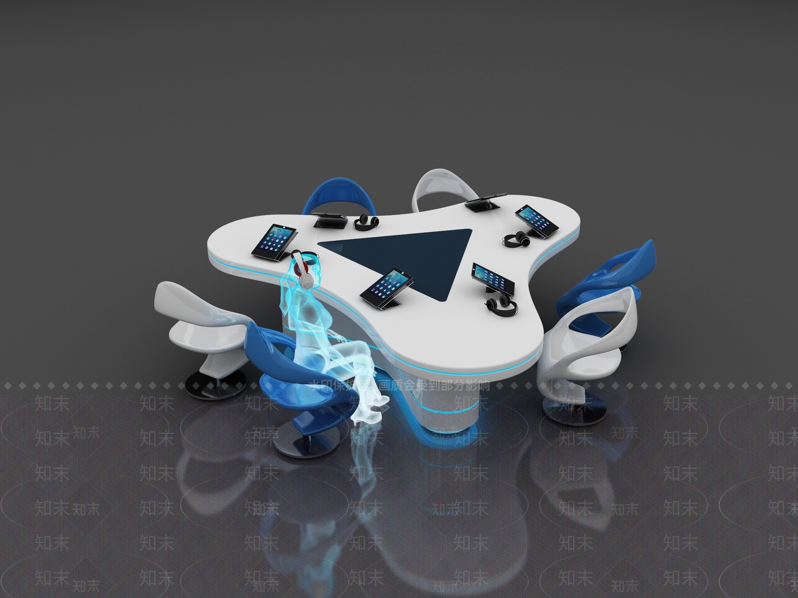 现代科技展厅办公桌椅组合3D模型下载【ID:558394487】