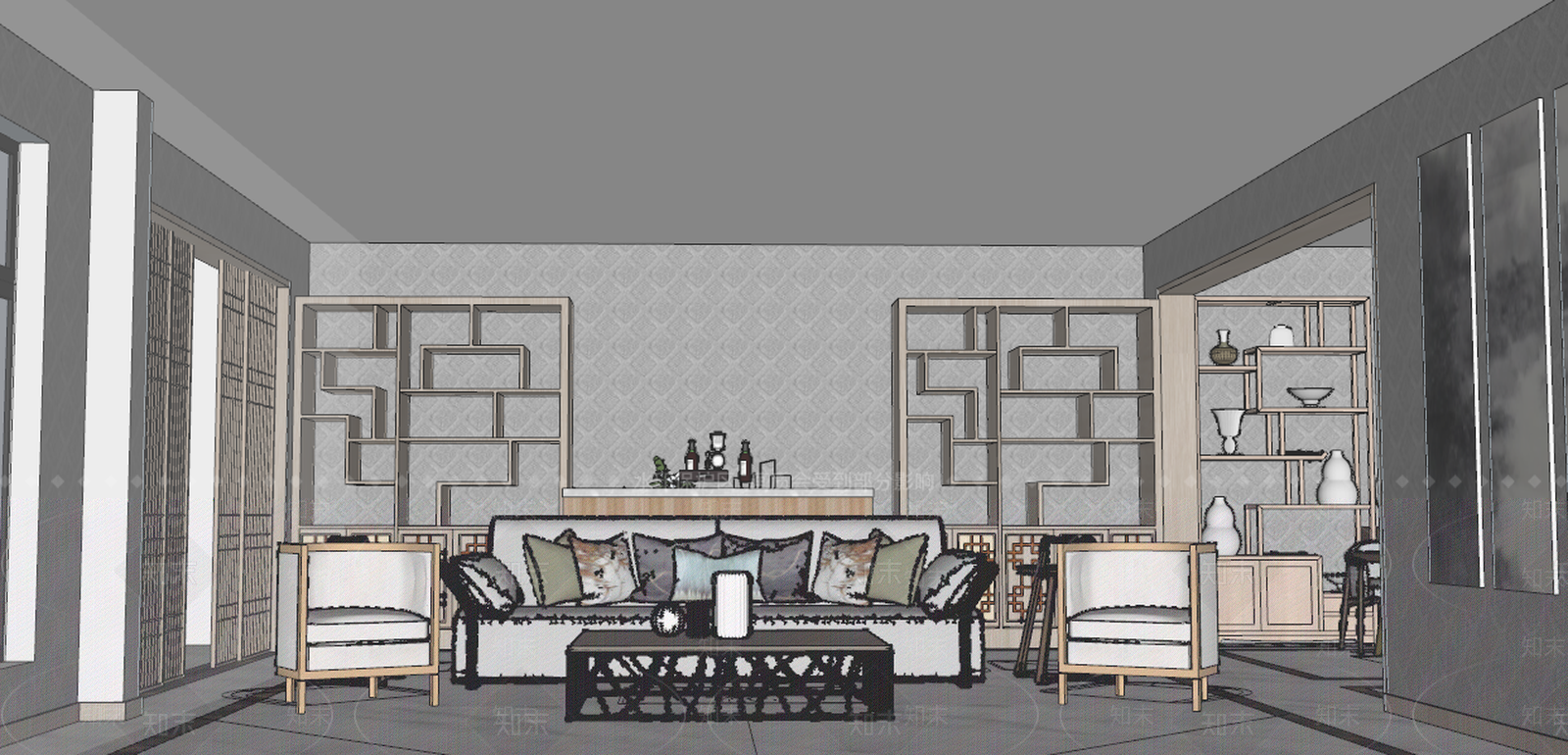 新中式风格影音室SU模型下载【ID:958450972】